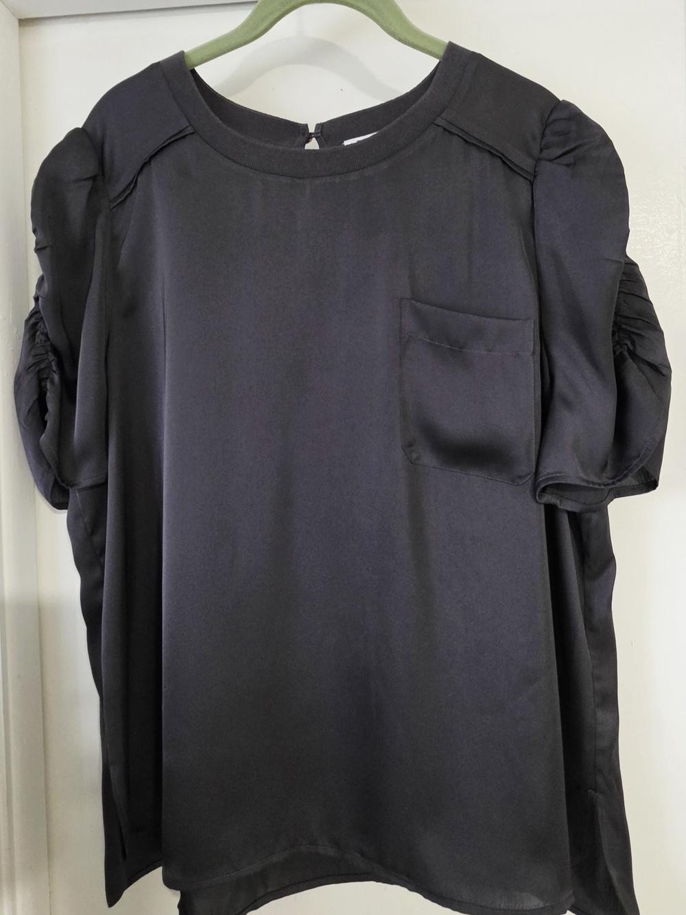 DR2 Black Puff-Sleeve Satin Blouse with Front Pocket